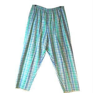 Vintage Turquoise Plaid Seer Sucker Cotton Pants With Pockets